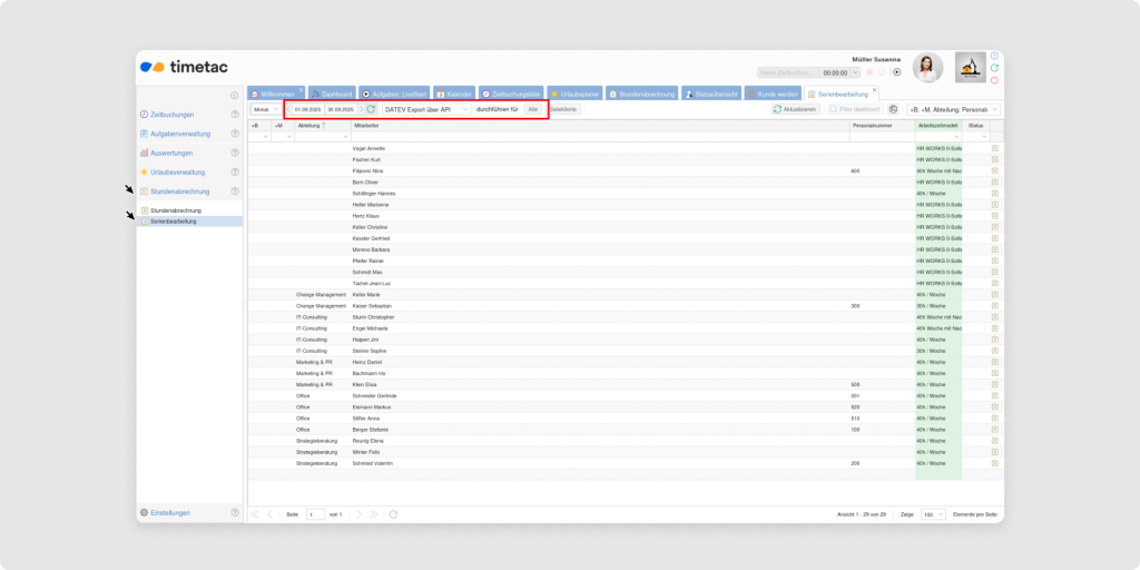 Export der TimeTac-Stundenabrechnung über die Serienbearbeitung anstoßen