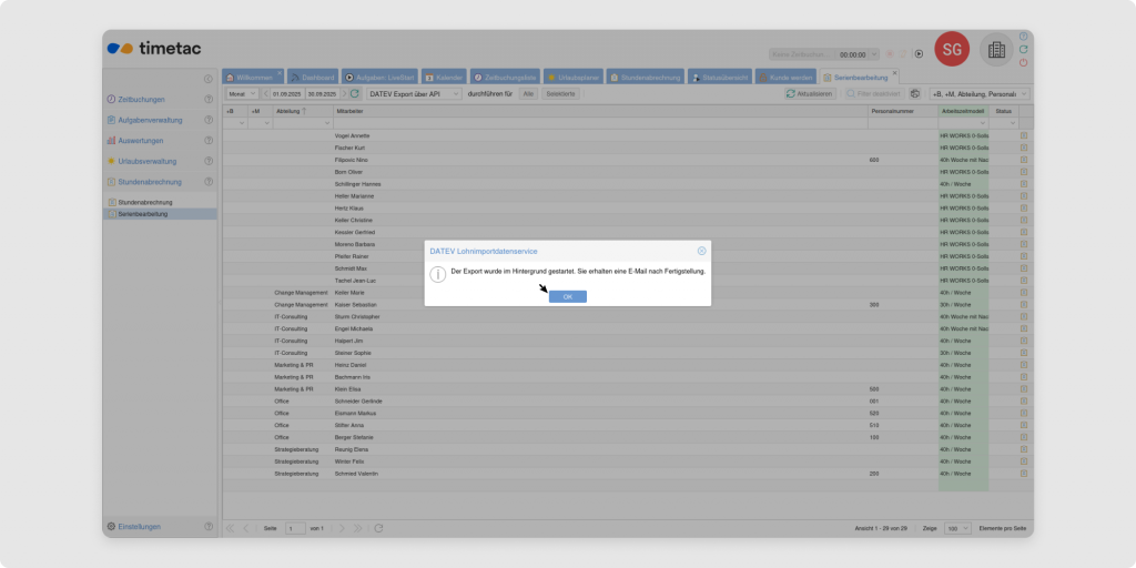 Übermittlung der TimeTac-Daten an das DATEV Rechenzentrum