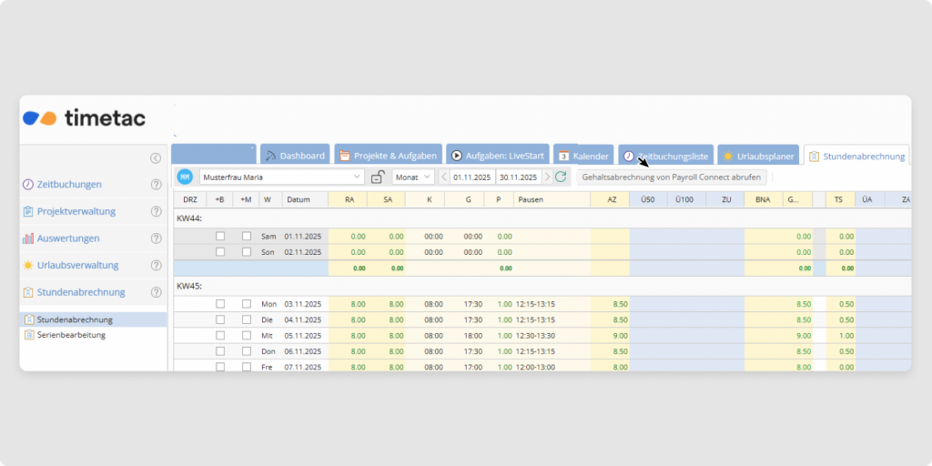 Screenshot aus TimeTac: Gehalsabrechnung vonPayroll Connect abrufen